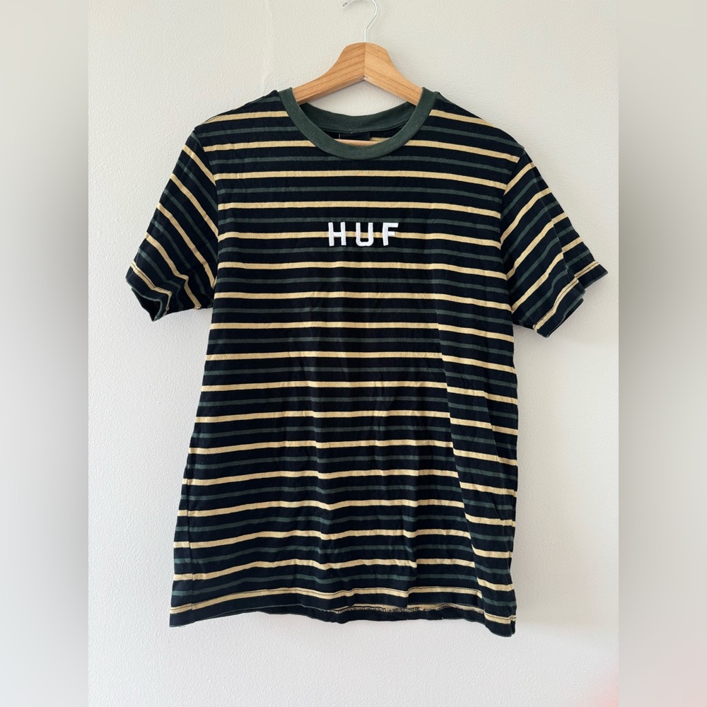 Mens HUF T Shirt Small Stripe Green Black Logo Streetwear Skateboard Basic Soft